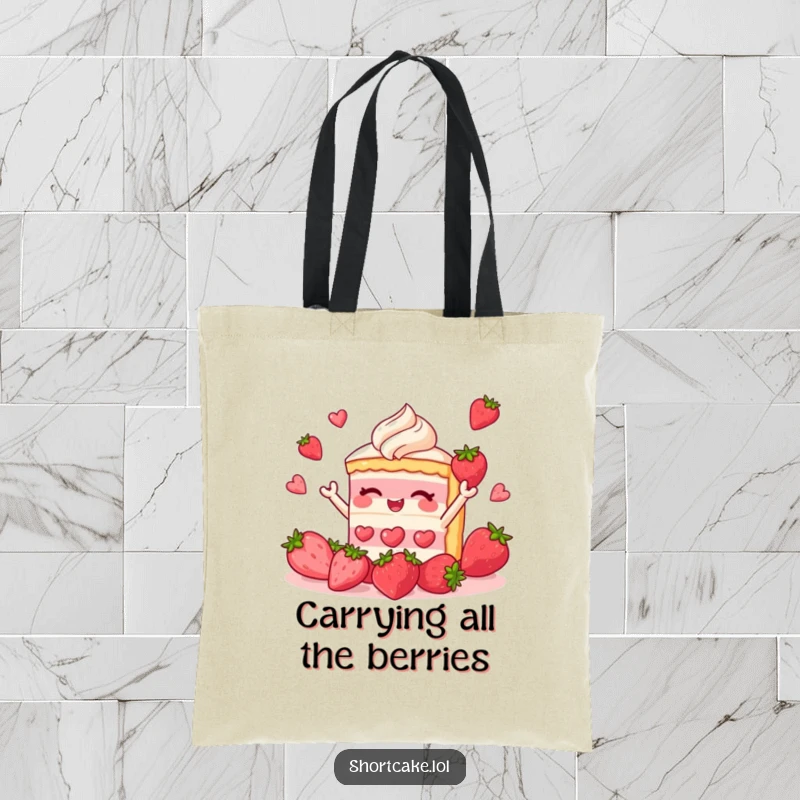 Funny shortcake tote bag depicting a dessert slice cheerfully juggling strawberries, a delightful and amusing accessory.