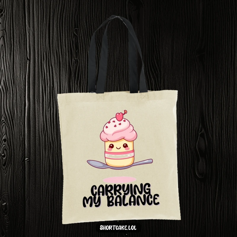 Funny shortcake winking on a spoon tote bag, a dessert character balancing with a mischievous wink, perfect for shoppers.