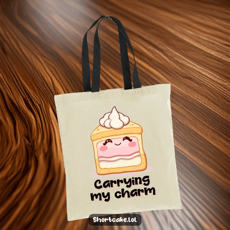 Funny shortcake tote bag depicting a dessert slice winking with cream, a delightful and amusing accessory.