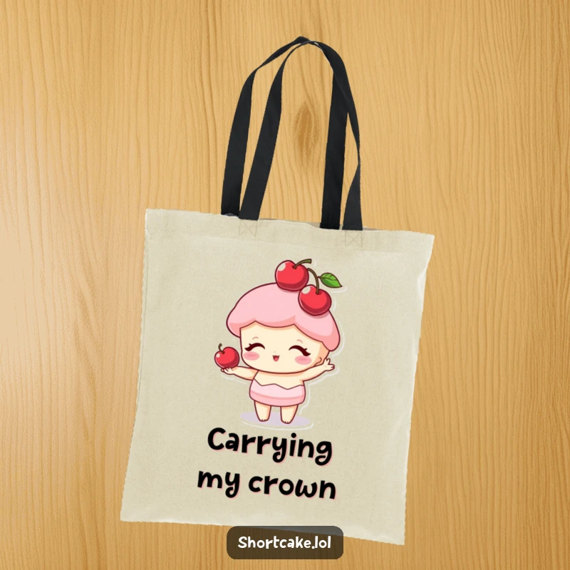 Funny shortcake character balancing a cherry on its point like a hat, a cute and humorous tote bag for errands.