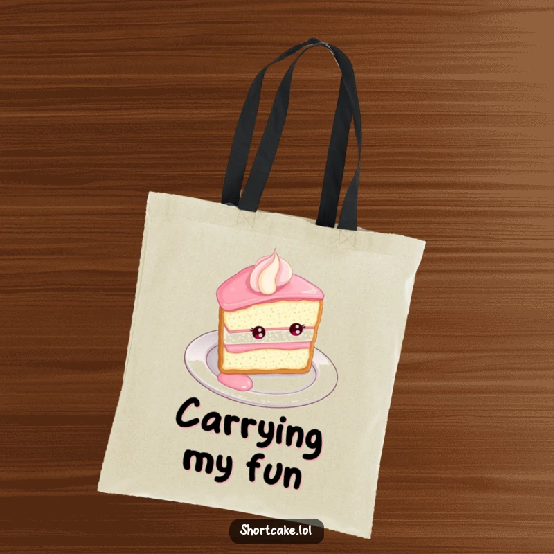 Funny Shortcake Roll Tote Bag. A shortcake slice rolls with delight down a plate edge, making this bag a humorous accessory.