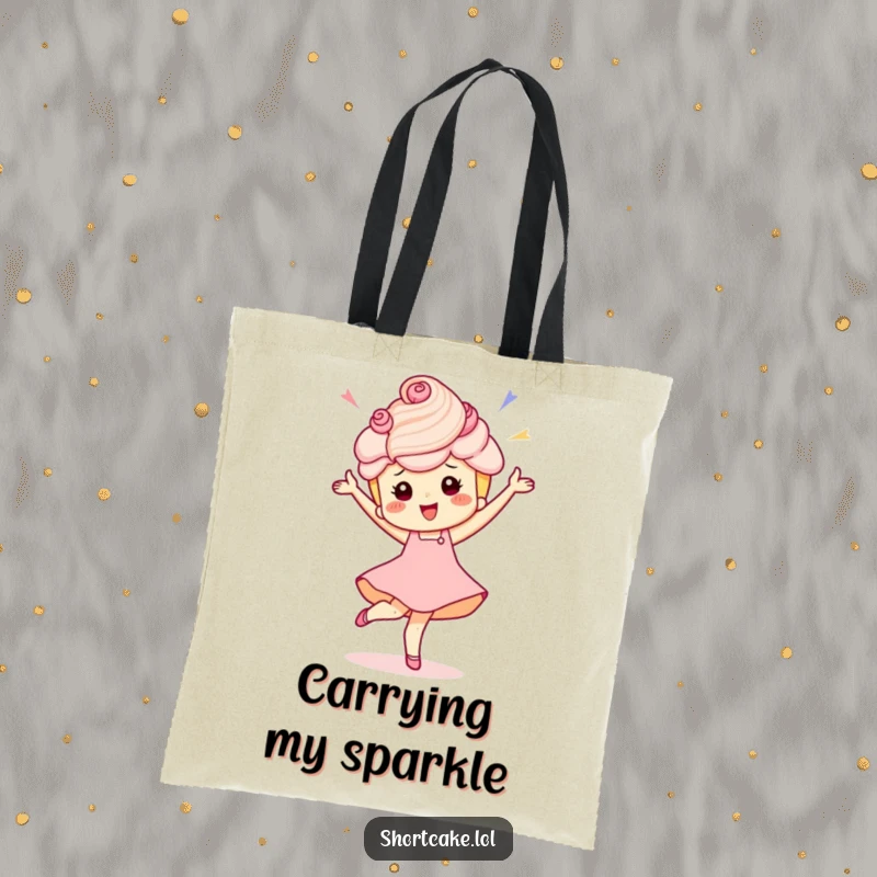 Funny tote bag featuring a shortcake character mid-pirouette, exuding pure, celebratory joy and dessert delight.