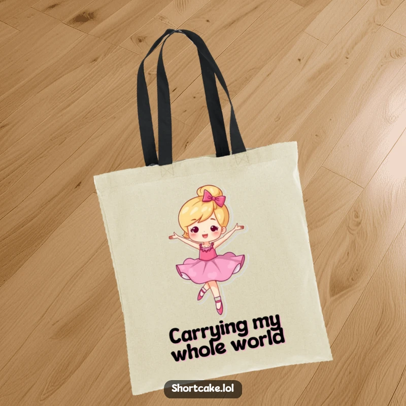 Funny tote bag with a shortcake character in a graceful ballet twirl, ideal for carrying daily items.