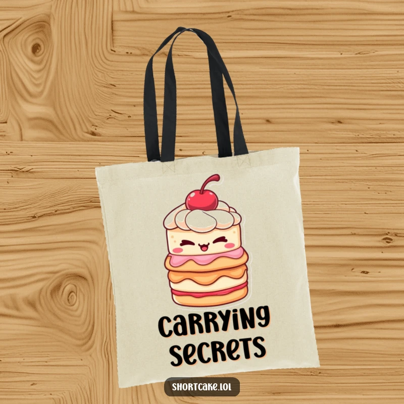 Funny shortcake tote bag showing a layered dessert with a cherry winking slyly, a perfect blend of sweet and humorous style.