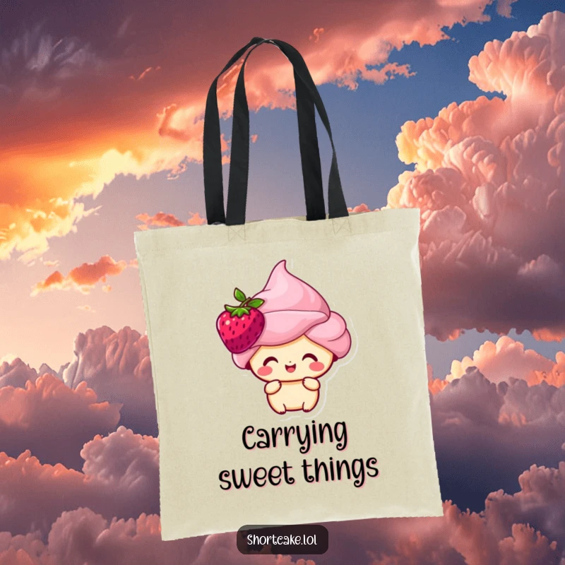 Funny shortcake character with a berry perched on its head, smiling happily, featured on a practical tote bag.