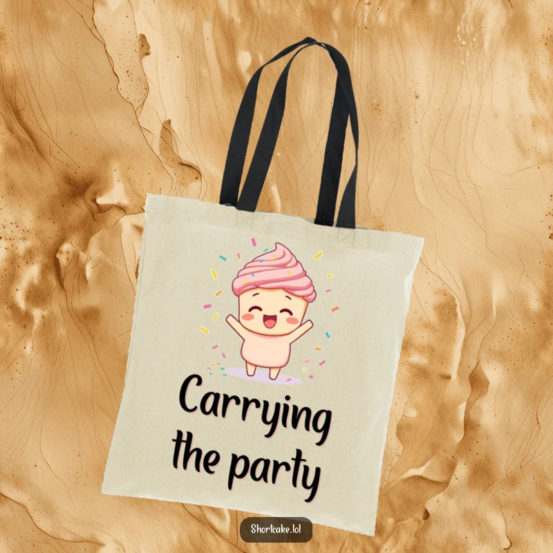 Funny shortcake doing a confetti toss tote bag, a joyful dessert character celebrating with a confetti explosion, perfect for shoppers.