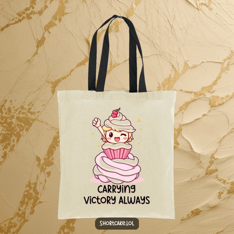 Funny shortcake character striking a triumphant pose on a whipped cream swirl, featured on a sturdy tote bag.