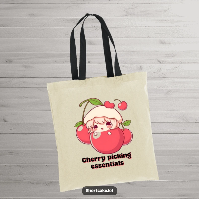 Funny Tote Bag featuring a shortcake character peeking out from behind a giant cherry, perfect for stylish and humorous carrying.