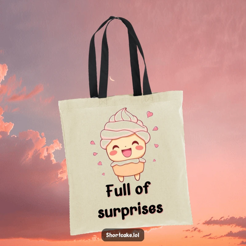 Funny tote bag with a shortcake character beaming with a wide grin and flying whipped cream.