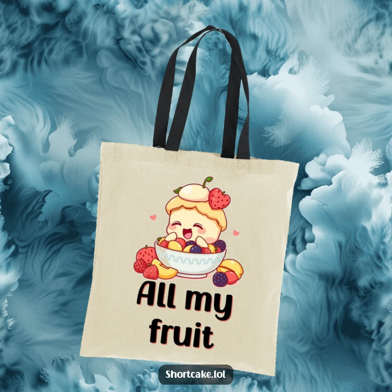 Funny shortcake tote bag, diving into fruit, enthusiastic, joyful design, practical accessory, humorous.