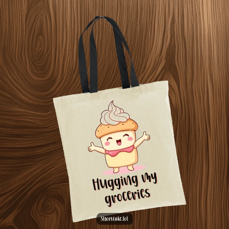 Funny shortcake tote bag showing a shortcake embracing a dollop of whipped cream with open arms, a perfect blend of sweet and humorous style.