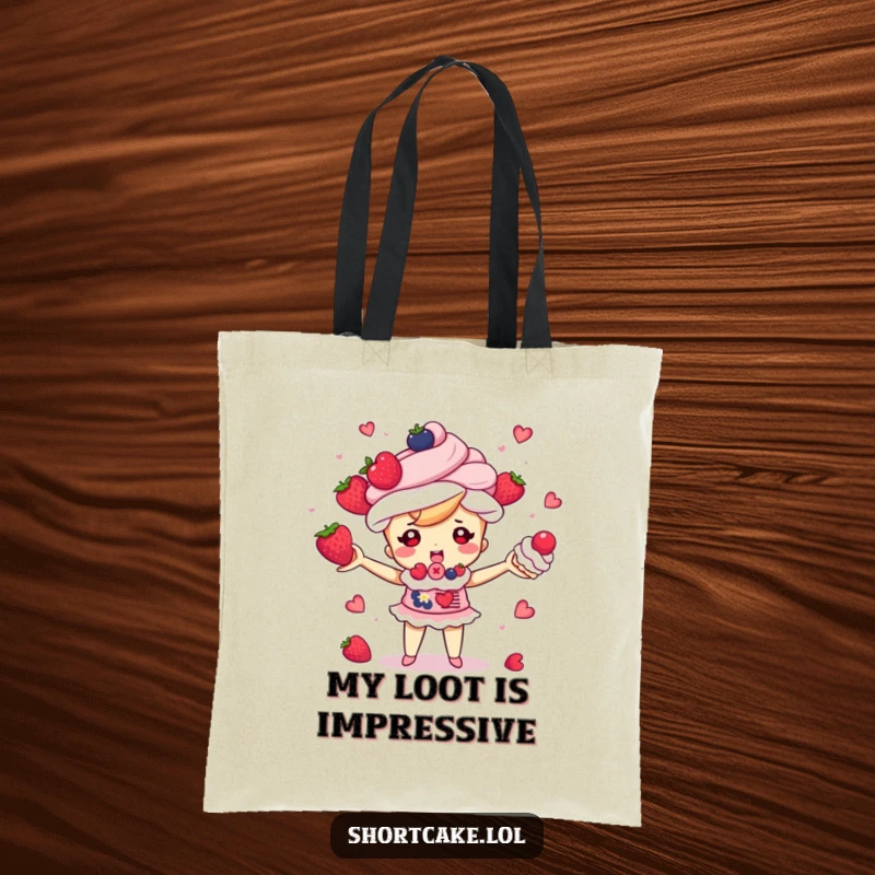 Funny shortcake character juggling berries and cream puffs, cute dessert tote bag, durable and stylish accessory, a funny gift.