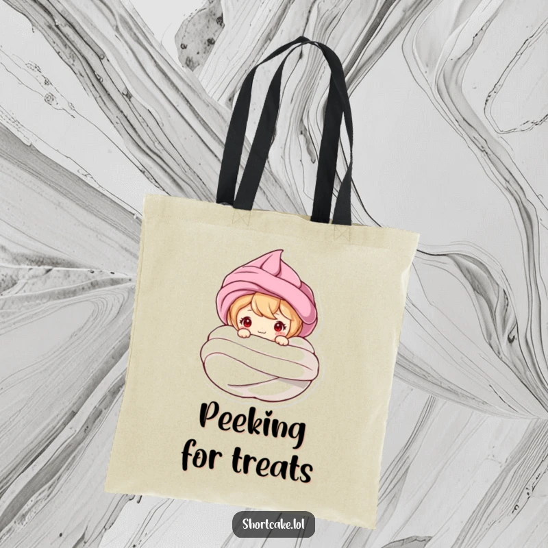 Funny tote bag featuring a shortcake character peeking from a meringue swirl, perfect for carrying goodies with a dash of humor.