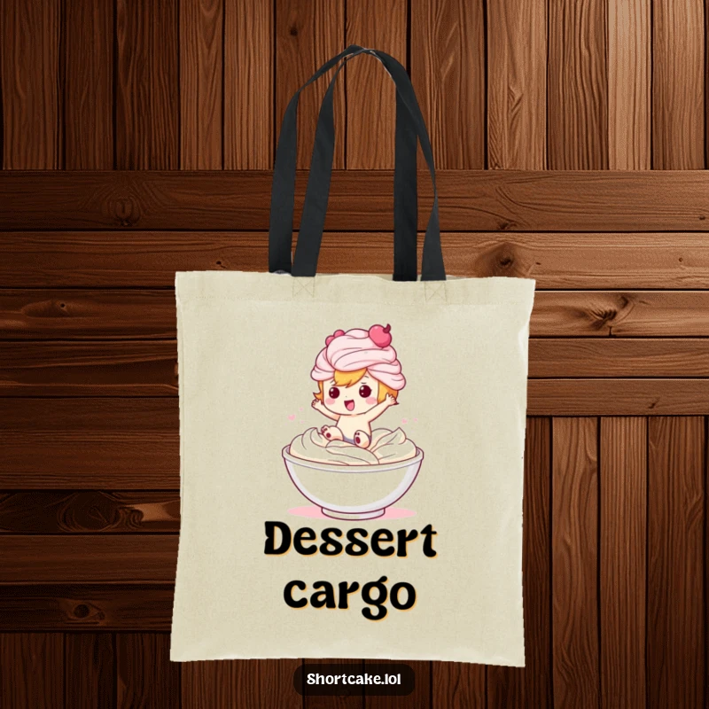 Funny tote bag depicting a charming shortcake character leaping enthusiastically into a large serving of whipped cream.