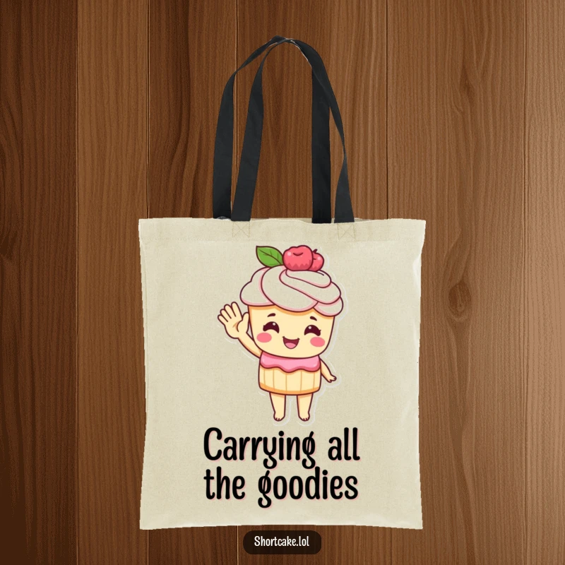 Funny Tote Bag featuring a shortcake character waving from its pastry hand, ideal for carrying essentials with a smile.