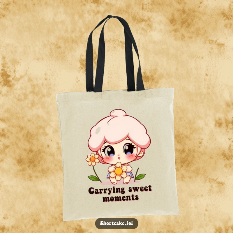 Funny Shortcake Tote Bag showing a character with wide, delighted eyes admiring a flower, perfect for carrying treasures with sweet style.