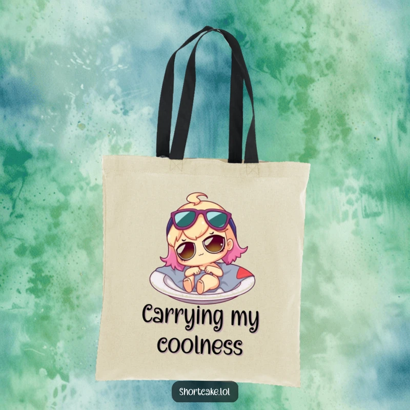 Funny shortcake character with tiny sunglasses, lounging on a plate, ready for errands, a humorous and practical tote bag.