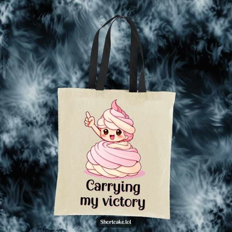 Funny Shortcake Tote Bag showcasing a triumphant shortcake character striking a pose on a whipped cream swirl.