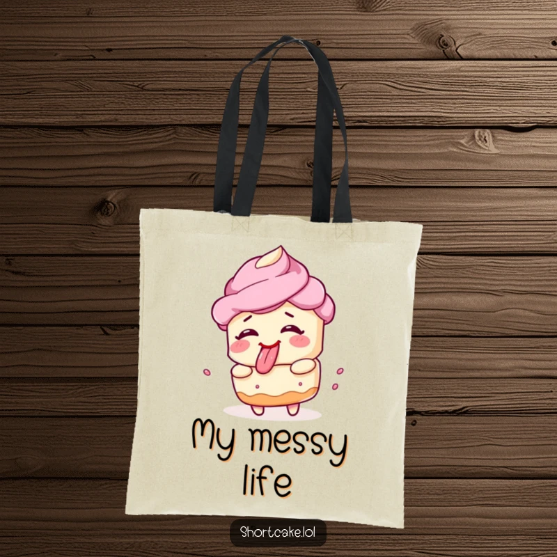 Funny shortcake tote bag, spinning, silly face, tongue out, playful accessory, humorous and practical.