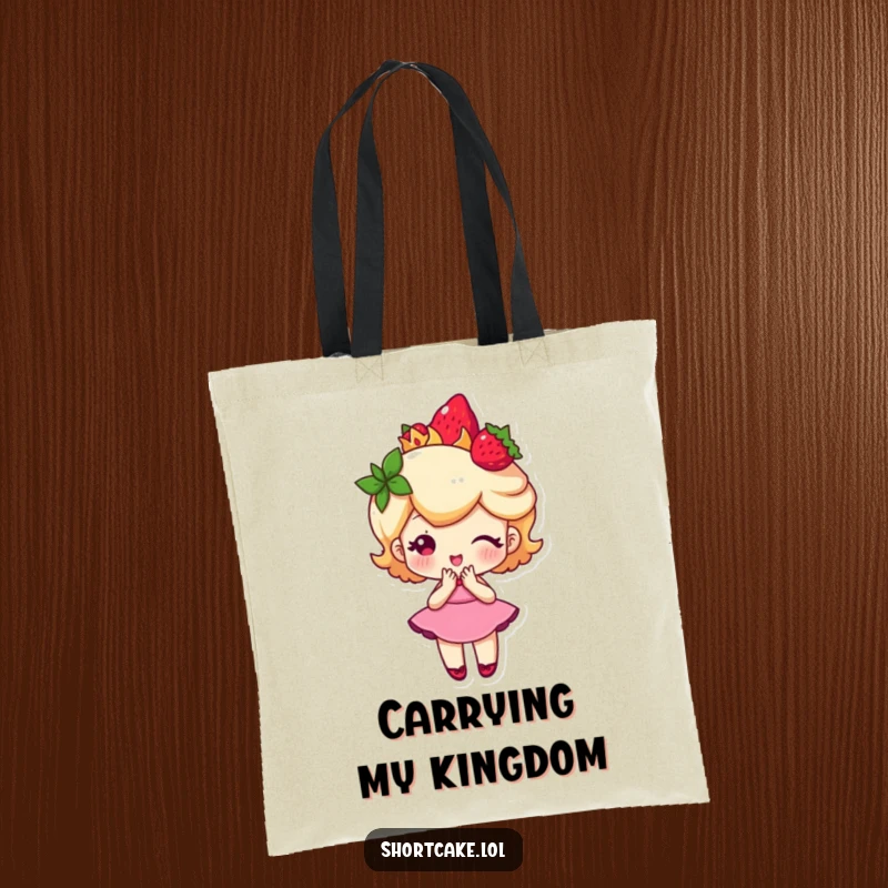 Funny shortcake character wearing a strawberry crown and curtsying, a cute and humorous tote bag for stylish errands.