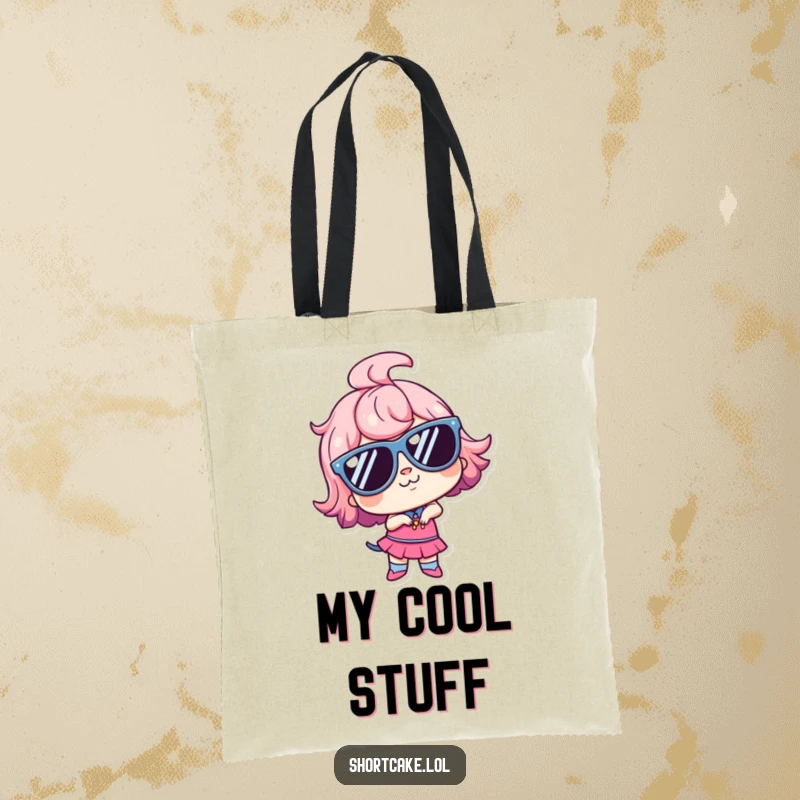 Funny kawaii shortcake wearing oversized sunglasses, striking a goofy pose, perfect for carrying essentials in style. Excellent gift.