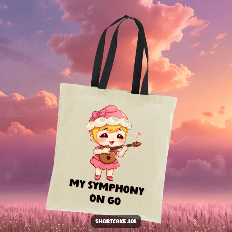 Funny shortcake character playing a tiny fife with gusto, a cute and humorous tote bag for carrying essentials.