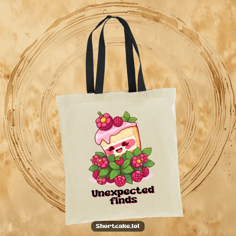 Funny Shortcake Surprise Tote Bag. A shortcake slice pops out of a berry bush with surprise, making this bag a humorous accessory.