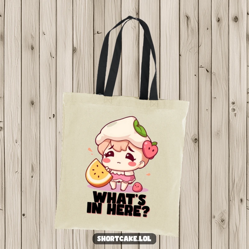 Funny tote bag of a shortcake character looking confused, with a fruit slice comically out of place.